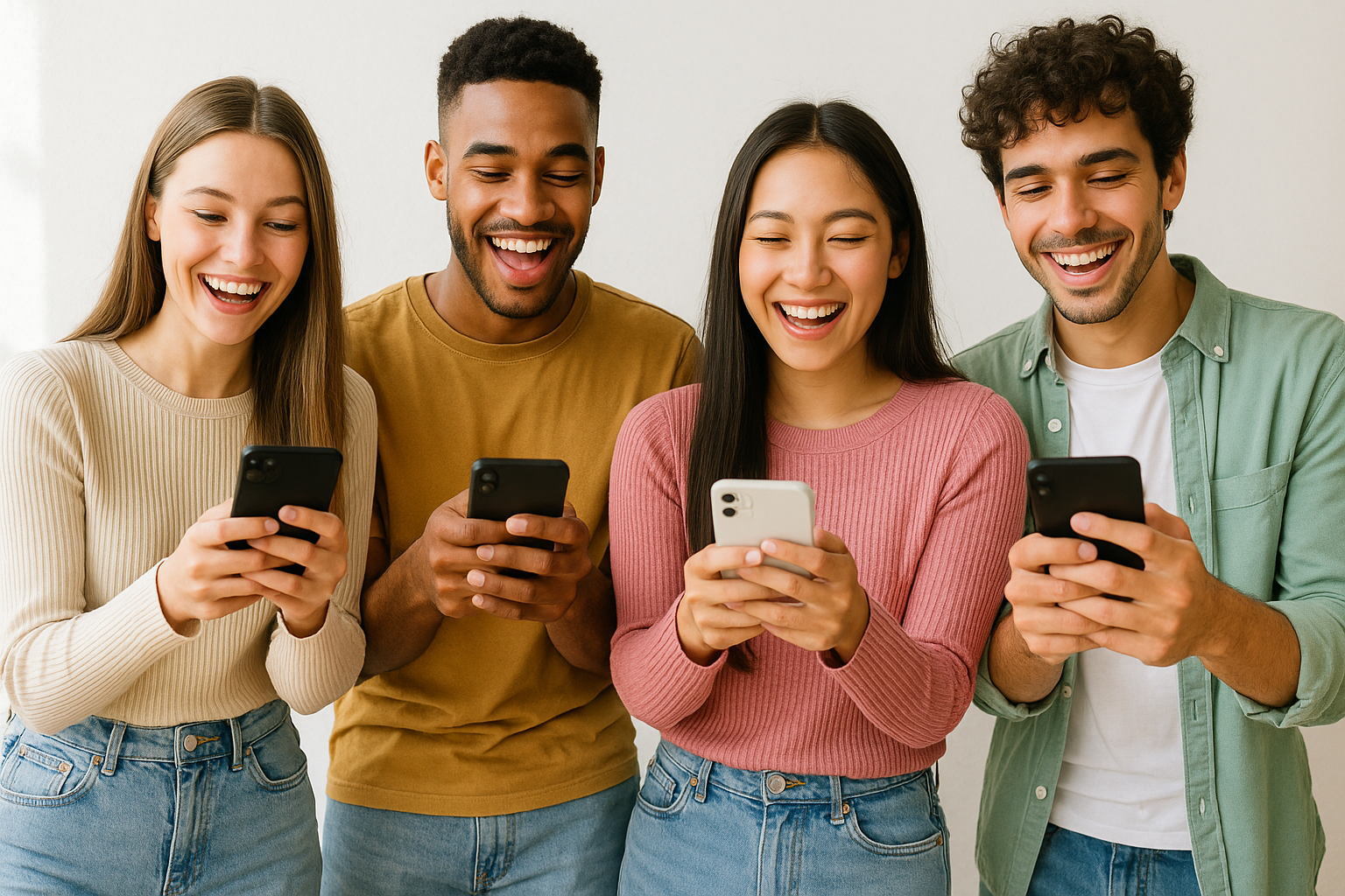 Happy social media influencers looking at their phones